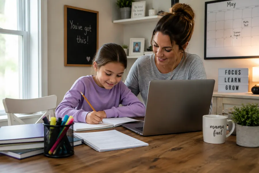 Mother and daughter working on a school project online